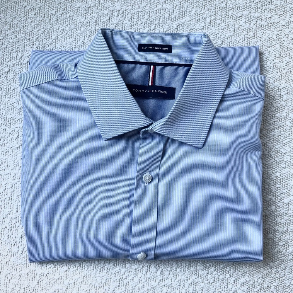 Tommy Hilfiger Men’s Slim Fit Light Blue Dress Shirt – 100% Cotton, Size 16 32/3